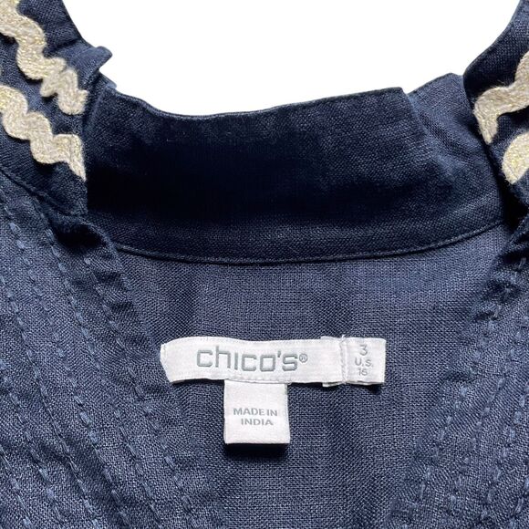 CHICO'S Rick Rack Trim Blouse Top Size 3 Size 16 Linen V-Neck Long Sleeve Navy - Picture 2 of 15